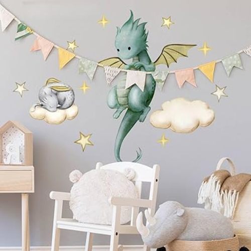 23.6 * 11.8 inch Wall Sticker,Typesetting Wall Decal, Dragon Illustration, Stars and Clouds Decor, Easy Peel & Stick - Removable & Reusable - Perfect for Home Wall Nursery and Kids' Rooms Decor.