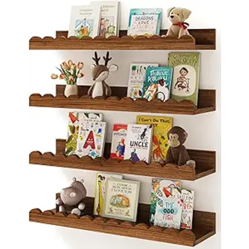 Shario Nursery Book Shelves, 4-Pack Walnut Brown,Floating Shelves for Wall Kids, Scalloped Shelves, Wall Book Shelves for Bedroom Kids, Toddler Room, Baby Room, Nursery Decor