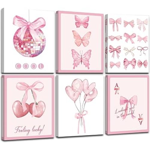 Framed Preppy Bows Wall Art, Pink Bow Girly Wall Decor for Bedroom Aesthetic, Preppy Bow Pictures for Girls Bedroom College(Ready to Hang, Set of 6, 8X10in, Framed)