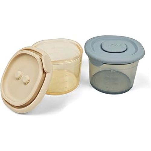 Ali+Oli Silicone Baby Food Containers (4oz) 2-pk Reusable Leakproof Snack Storage with Airtight Lids – Freezer & Microwave Safe for Infant and Kids Meals (Sky-Khaki)