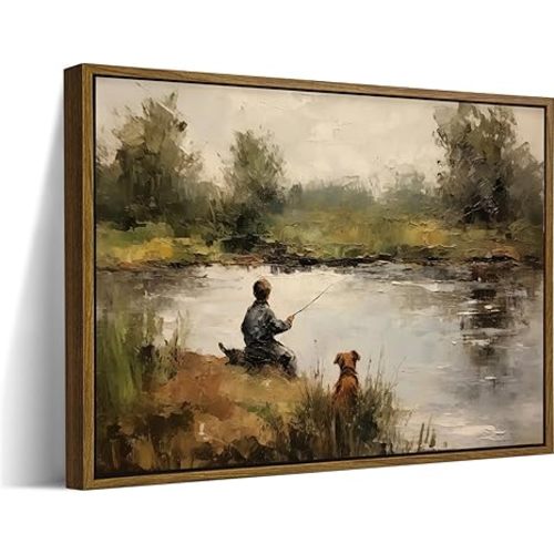 Vintage Canvas Wall Art, Framed Boy Fishing with Dog Pictures Wall Decor, Rustic Farmhouse Landscape Art Print for Bedroom, Living Room, Cabin (8x10in)