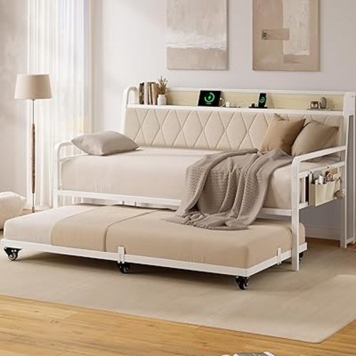 Twin Daybed with Trundle, Metal Day Bed Frame with Ergonomic Upholstered Headboard & Charging Station, Sofa Bed with Twin Trundle for Living Room, Bedroom, playroom, and Guest Room, White