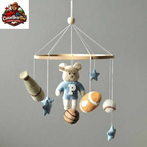 Vintage Teddy Bear Sports Nursery Mobile for Baby Boy with Basketball, Crib Decor Gift