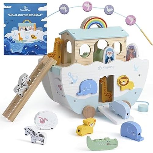SIMPLIPLAY Wooden Noah's Ark Toy - Toddler Montessori STEM Learning Noahs Ark Toy with Story Book & Wooden Animal Shape Sorter, Christian Toy for Boys Girls Christmas Baptism Gifts