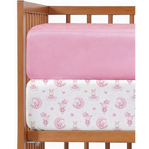 2-Pack Mini Crib Sheets Fitted - Pack N Play Sheets for Pack and Play Mattress - Stretchy Soft Microfiber Playard Bedding - Mini Toddler Bed Cover for Boys & Girls - Oeko-Tex - 38 x 24in, Bunny Dream