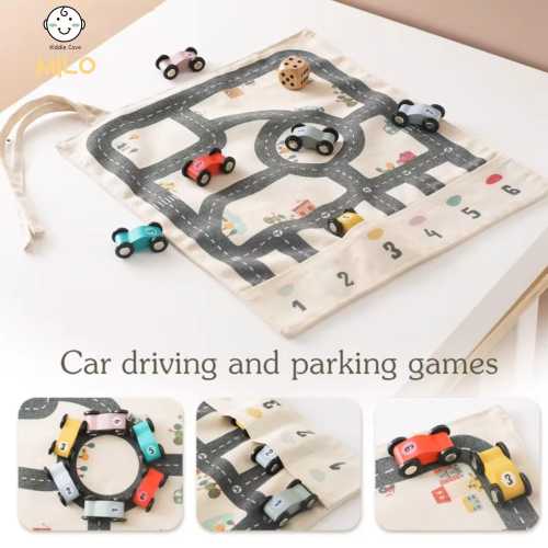 Folding Car Mat Travel Game Traffic Road Map  Wooden Race Car Toy Set for Boys Toy Dice Driving & Parking Board Game with Canvas