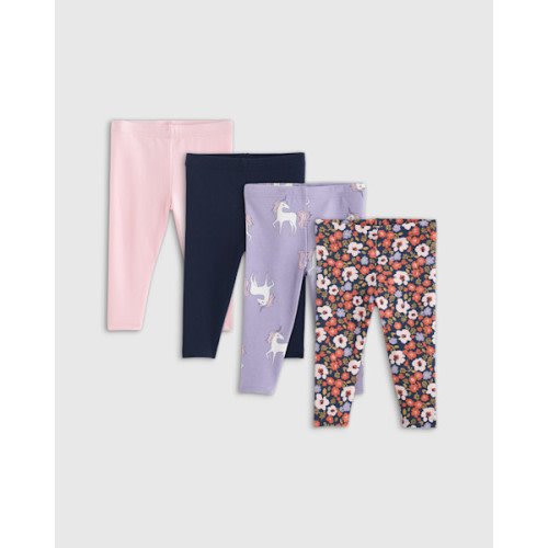 Organic Cotton Leggings 4-Pack - Baby Girl's in Poppy Floral/Lilac Unicorn