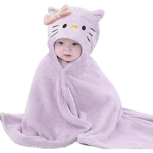 Toddler Bath Towel Baby Towels with Hood 27.5"X55" Ultra Absorbent Soft Bathrobe Blanket Kids Shower Towel for Girls and Boys(Purple-Cat)