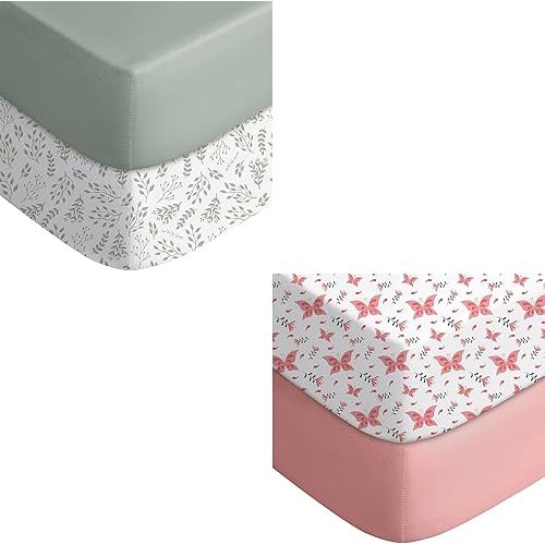 Yoofoss Baby Crib Sheets for Boys Girls, Fitted Crib Sheet 2 Pack for Standard Crib and Toddler Mattress, Super Soft Microfiber Baby Sheet 28x52x8in (Green+Leaf)&(Pink+Butterflies)