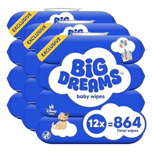 Big Dreams Baby Wipes, Unscented Wipes, 12 Packs, 864 Wipes | 99% Water, Fragrance Free, Hypoallergenic, Dermatologist Tested, Paraben Free, 1-Handed Dispensing