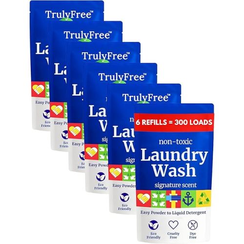 Truly Free Natural Laundry Detergent for Sensitive Skin | Eco Friendly, Plant Based, Baby Clothes Safe | Clean & Easy Powder to Liquid, 6 Pack Refill Detergent, NO Jug | Signature Scent, 300 Loads