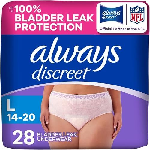 Always Discreet Adult Diapers for Women, Incontinence Underwear, Postpartum Essentials, Disposable Briefs, Max Absorbency, Bladder Leak Protection, Large, 28ct