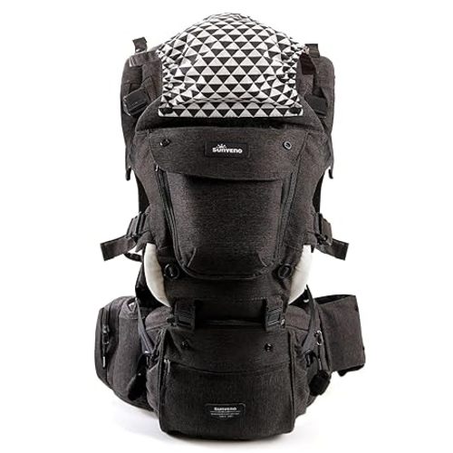 SUNVENO 3 in 1 Ergonomic Baby Carrier with Hip Seat for Newborns and Toddlers, Supports 20 lbs and Up, Waist and Back Relief with Large Weight Capacity for All Season Use,Black