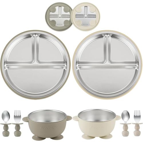 PandaEar 8PCS Baby Feeding Set | Stainless Steel Suction Plates and Bowls with Silicone Fork and Spoon Utensils | Baby Led Weaning Tableware for Toddlers & Kids (Tan & Walnut)