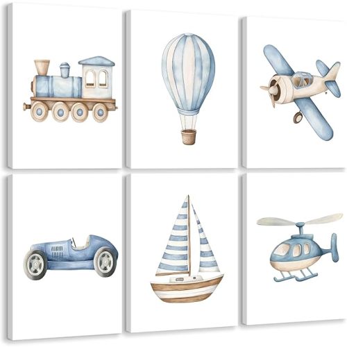 Baby Boy Nursery Wall Art Transportation Blue Car Canvas Prints Vintage Toddler Vehicle Pictures Decor Hot Air Balloon Airplane Nursery Poster for Kids Boys Room Bedroom 8x10x6 Inch Wrapped Canvas