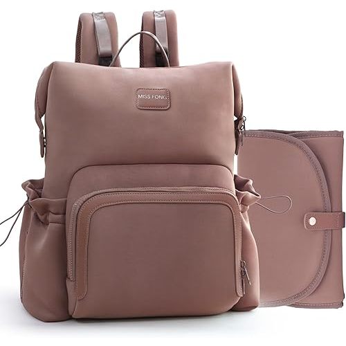 miss fong Diaper Bag Backpack - Baby Diaper Bag Neoprene Bag Large Capacity Neoprene Backpack with Diaper Changing Pad with 12 Pockets for Mom & Dad -Mauve