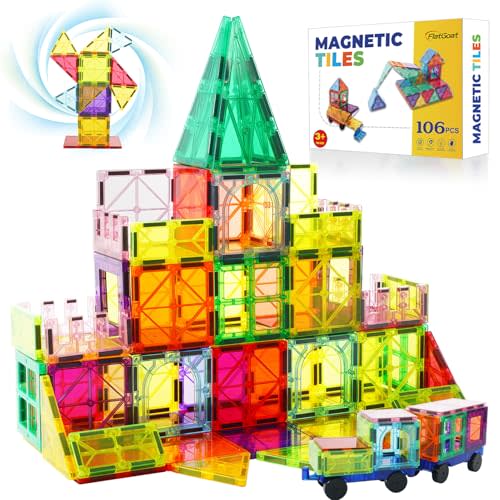 Magnetic Tiles 106 Piece Set, Magnet Building Blocks for Kids Toddlers, STEM Construction Toys with Gift Box for Ages 3 4 5 6 7 8+ Year Old Boys Girls