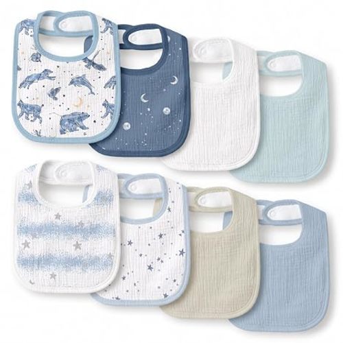 Muslin Bibs for Baby Boy, Adjustable Fit for Drooling and Teething Toddler | 8Pk, 100% Cotton Surface & Multi-Layer Absorbent Core, Shrink-resistant & Fade-Proof, Gentle on Sensitive Newborn skin