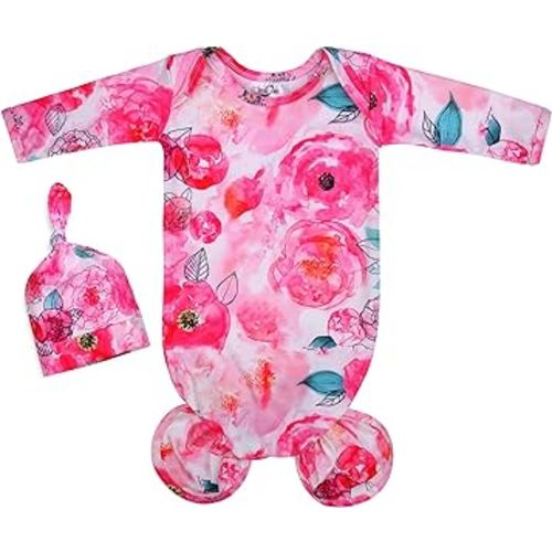 Baby Knotted Gown Newborn, Super Soft Breathable Baby Sleeper Gowns, Babies Girls Nightgowns Coming Home Outfit Infant with Hat Set