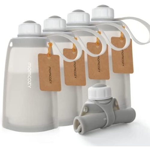 Momoczy Silicone Milk Storage Bags, Reusable Breastmilk Bags for Breastfeeding, 8.5oz/250ml Breast Milk Saver, Leakproof Milk Freezer Storing Pouches, BAP Free (Gray, 5pcs)
