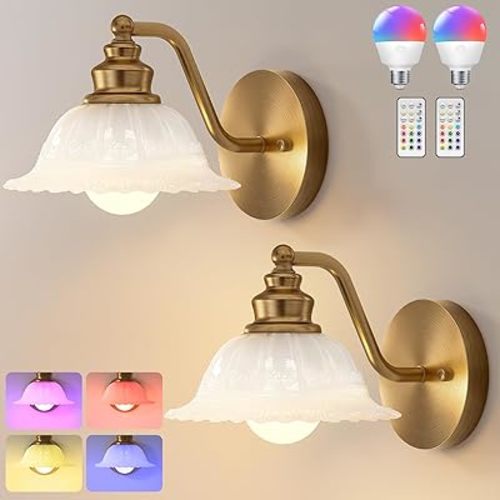 Redluck Battery Operated Wall Sconce with Remote Control, White Glass Wireless Wall sconces Set of Two, Rechargeable Battery Powered Wall Lamp for Bedside Bedroom Living Room Hallway Decor