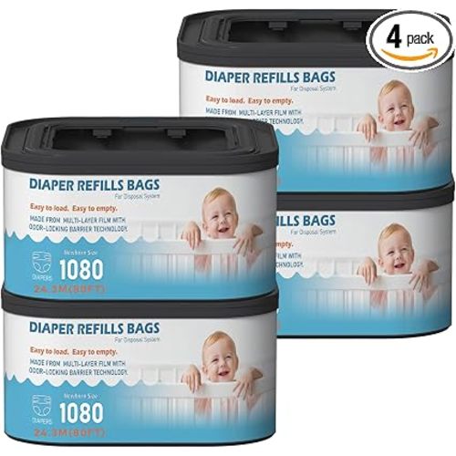 Jumbo+ Square Refills Disposal Bags Refill (Baby Powder Scent) Compatible with Diaper Genie Classic, Compact, Premier and Select Pails, Hold Up to 1080 Newborn-Sized Diapers Per Refill, 4 Pack