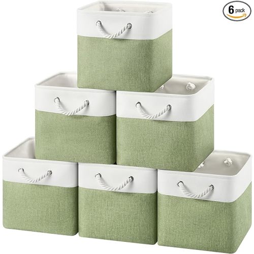 12x12 Storage Cube Bins, 6 Pack Reinforced Bottom Cardboard Foldable Box, Organizer for Closet Shelves, Heavy Home Storage Baskets (White Green)