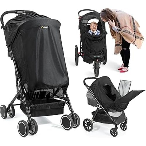 Orzbow Stroller Sun Shade, Breathable Sun Shade Cover for Stroller with Mosquito Net & Zip, Universal Baby Sun Shade with Double Opening, Easy to SInstall, Blocks 95% UV(UPF 50+), Black