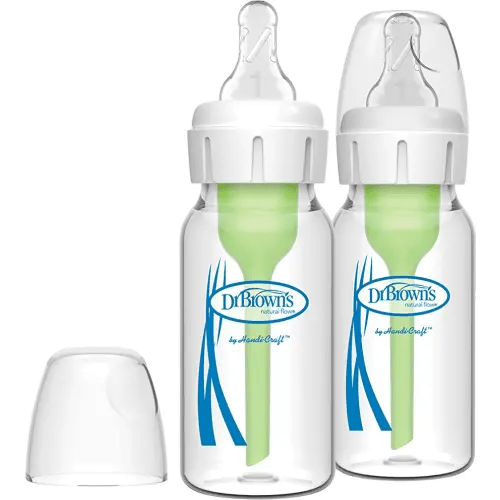 Dr. Brown’s Natural Flow® Anti-Colic Options+™ Narrow Glass Baby Bottles 4 oz/120 mL, with Level 1 Slow Flow Nipple, 2 Pack, 0m+