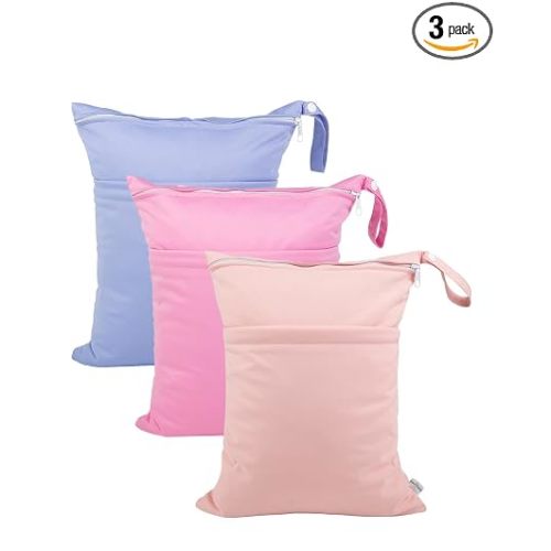 babygoal Wet Dry Bags for Baby Cloth Diapers, Washable Travel Bags, Beach, Pool, Gym Bag for Swimsuits & Wet Clothes with 2 Pockets 3 Pack 3LN09