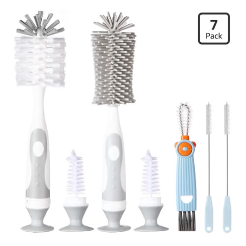 5-in-1 Baby Bottle Cleaner Set, Including Nylon & Silicone Bottle Brush, Cap, Straw & Nipple Brushes, BPA-Free (Grey)