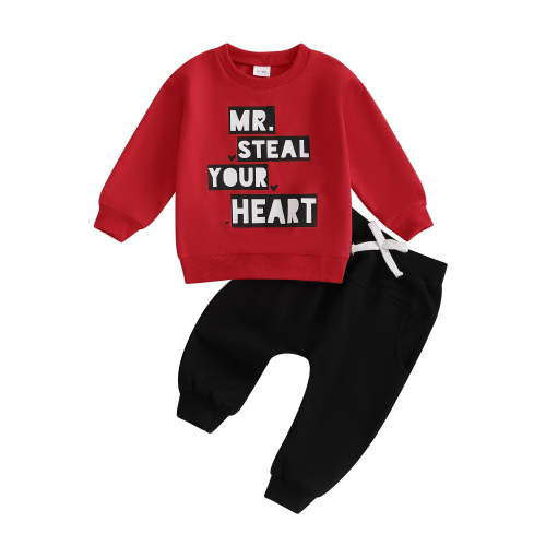 Baby Toddler Kids Boys 2-piece Valentines Day Clothing Set, 6 12 18 24 Months 2T 3T 4T Long Sleeve Letters Print Sweatshirt with Sweatpants Outfit