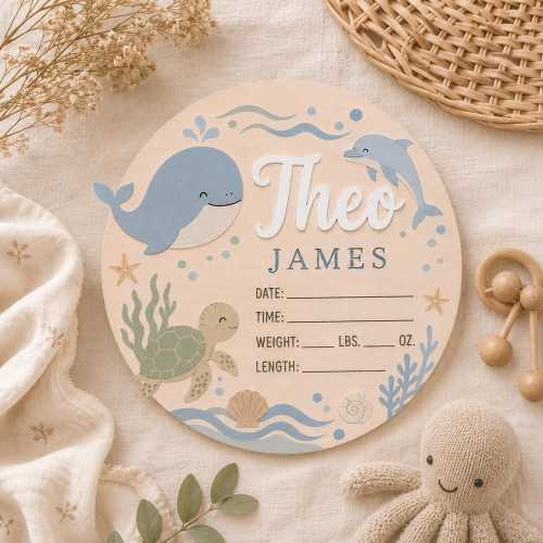 Ocean Baby Birth Stat Sign, Personalized Whale Nursery Name Sign, Under The Sea Baby Announcement Plaque, Dolphin Turtle Ocean Nursery Decor