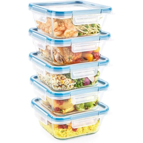 Snapware Total Solutions (5-Pack, 4 Cup) Glass Food Storage Containers Set, Airtight & Leakproof Locking BPA-Free Lids, Freezer Dishwasher Microwave Safe