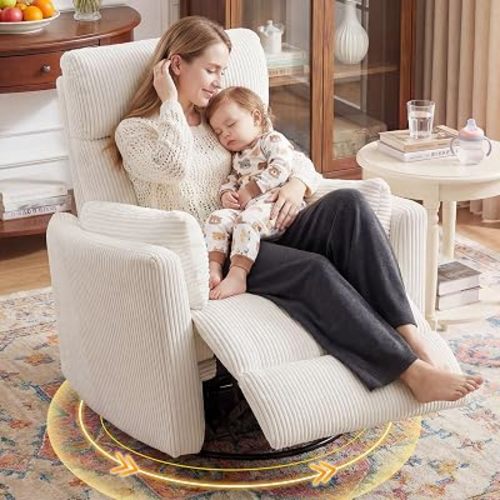 BOSMILLER 360°Swivel Recliner Chair, Nursery Chair with 2 Pillows, Rocker Chair with Soft Corduroy Fabric for Living Room, Bedroom