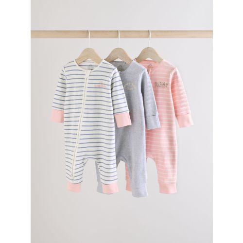 Pink/Grey 3 Pack Two Way Zip Baby Sleepsuits Size 3-6 months