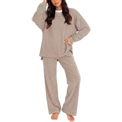Women's 2 Piece Striped Lounge Set Wide Leg Pants Matching Pajamas Set