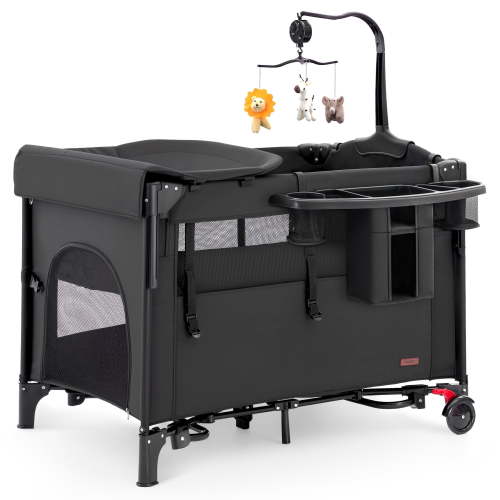 HARPPA 5-in-1 Portable Baby Playard Bassinet Bedside Sleeper with Changing Table in Black