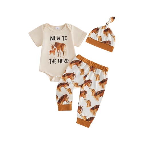 BemeyourBBs Baby Boy Western Clothes Baby Boys Cowboy Outfit Newborn Hospital Going Home Outfit New to the Herd Letters Horse Print Short Sleeve Romper Pants and Hat 3 Piece Set