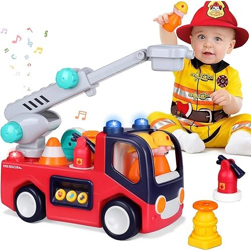 Fire Truck Toys for 2 Year Old Boys Girls Montessori Early Educational Learning Toy with Firefighting Tools Baby Push Cars for 2 3 Year Old Boy Birthday Gifts with Sound Lights Effect