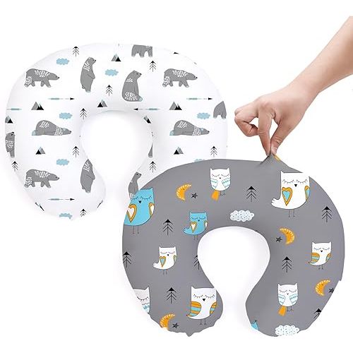BROLEX Baby Nursing Pillow Covers: 2-Pack Soft Slipcovers for Breastfeeding Pillows - Comfortable Fabric, Fits Standard Nursing Pillows for Boys & Girls - Owl Bear