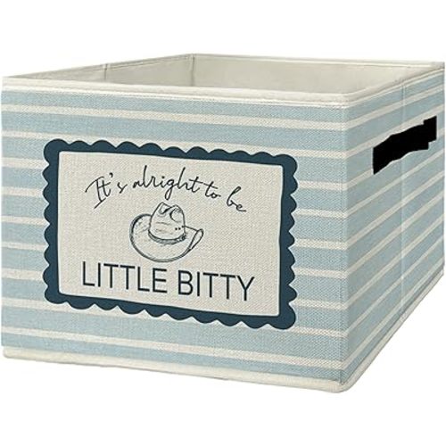 Blue Western Cowboy Nursery Storage Bins with Handles, Boys Collapsible Laundry Basket Organizer for Kids Room Bedroom Bathroom Playroom, Blue Striped Decorative Storage Boxes
