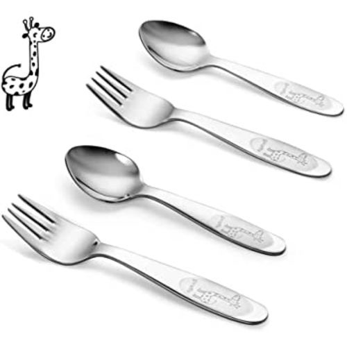 4 Piece 18/8 Stainless Steel Toddler Utensils, Safe Kid Spoon and Fork Set for Self Feeding, Children Silverware Sets with Mirror Polished, Dishwasher Safe