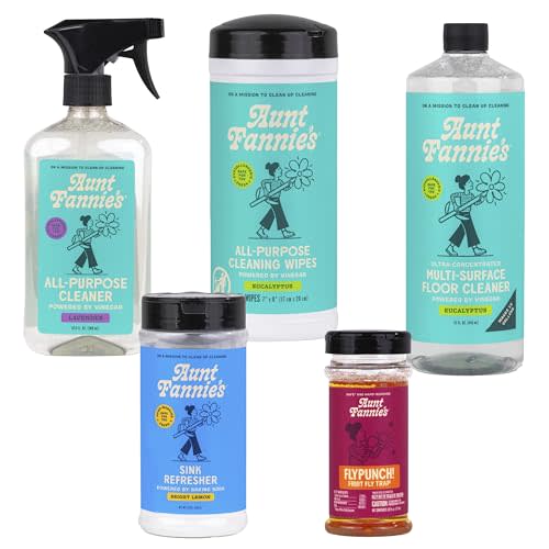 Aunt Fannie's Kitchen Bundle, Includes Lavender Cleaning Vinegar Spray, Eucalyptus Vinegar Cleaning Wipes, Lemon Sink Refresher, FlyPunch, & Eucalyptus Vinegar Floor Cleaner; Packaging May Vary