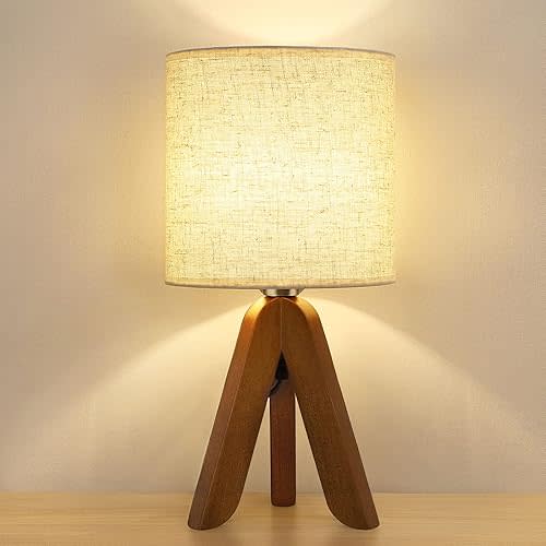 Table Lamp with Brown Wooden Base and Linen Fabric Shade