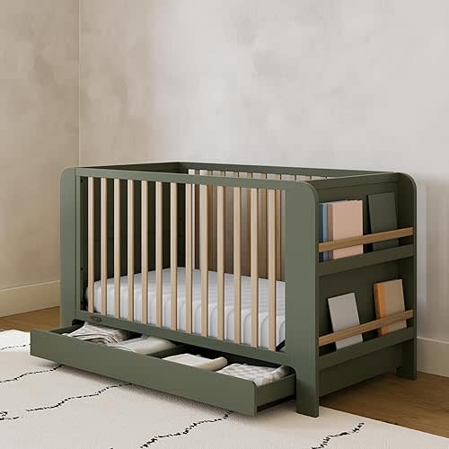 Graco Read-with-Me 4-in-1 Convertible Crib with Drawer (Olive with Driftwood) - GREENGUARD Gold Certified Converts to Toddler Bed, Daybed, and Functional Bookshelves