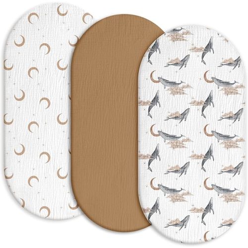 Gllquen Baby Muslin Bassinet Sheets 3 Pack, Breathable Elastic Cozy Fitted Cotton Bassinet Mattress Sheet for Baby Boy Girls, Fit for Hourglass Oval Rectangular Cradle Pad Sheets 33"x17" (Whale)