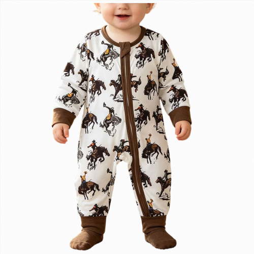 larppty Western Baby Boy Clothes Fall Zipped Cowboy Romper Outfit Infant Cow Print One-piece Jumpsuit Overall Country Stuff