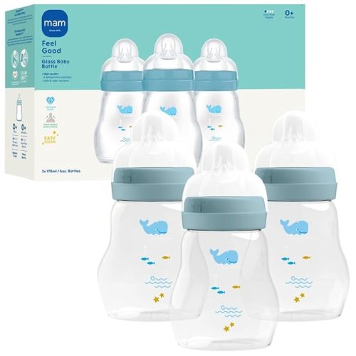 MAM 6oz Premium Glass Wide Neck Baby Bottle with Slow Flow Breastfeeding-Like Silicone Nipple, Easy to Clean,BPA Free, 0+ Months, Easy Switch Between Breast and Bottle, Made in Europe, 3 Pack Boy