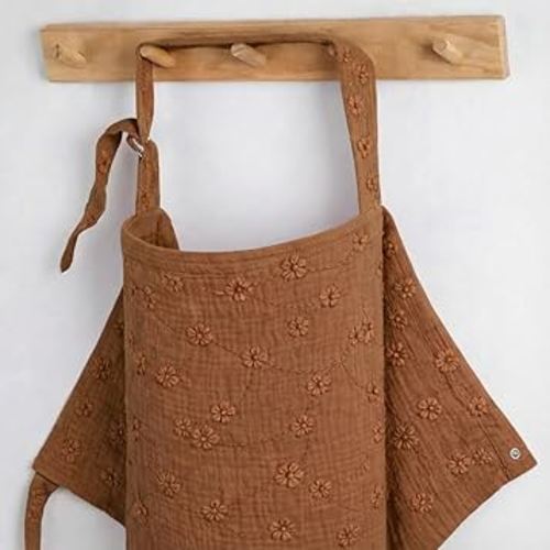 Muslin Nursing Cover for Breastfeeding, Soft & Breathable 100% Cotton Breastfeeding Cover up, Embroidered Floral with Lines, Brown